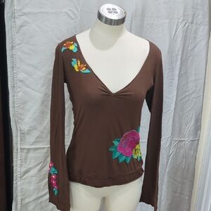 Johnny Was Brown Top with Colorful Floral Embroidery